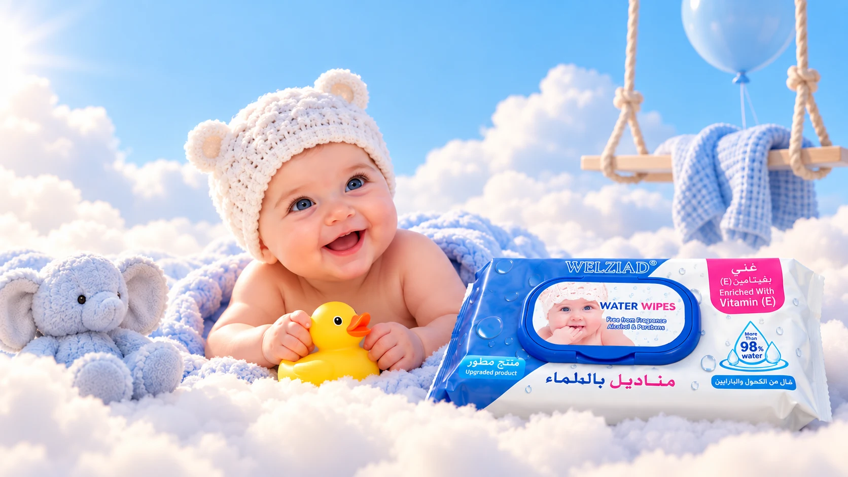 طفل سعيد على السحاب بجوار عبوة ويل زياد