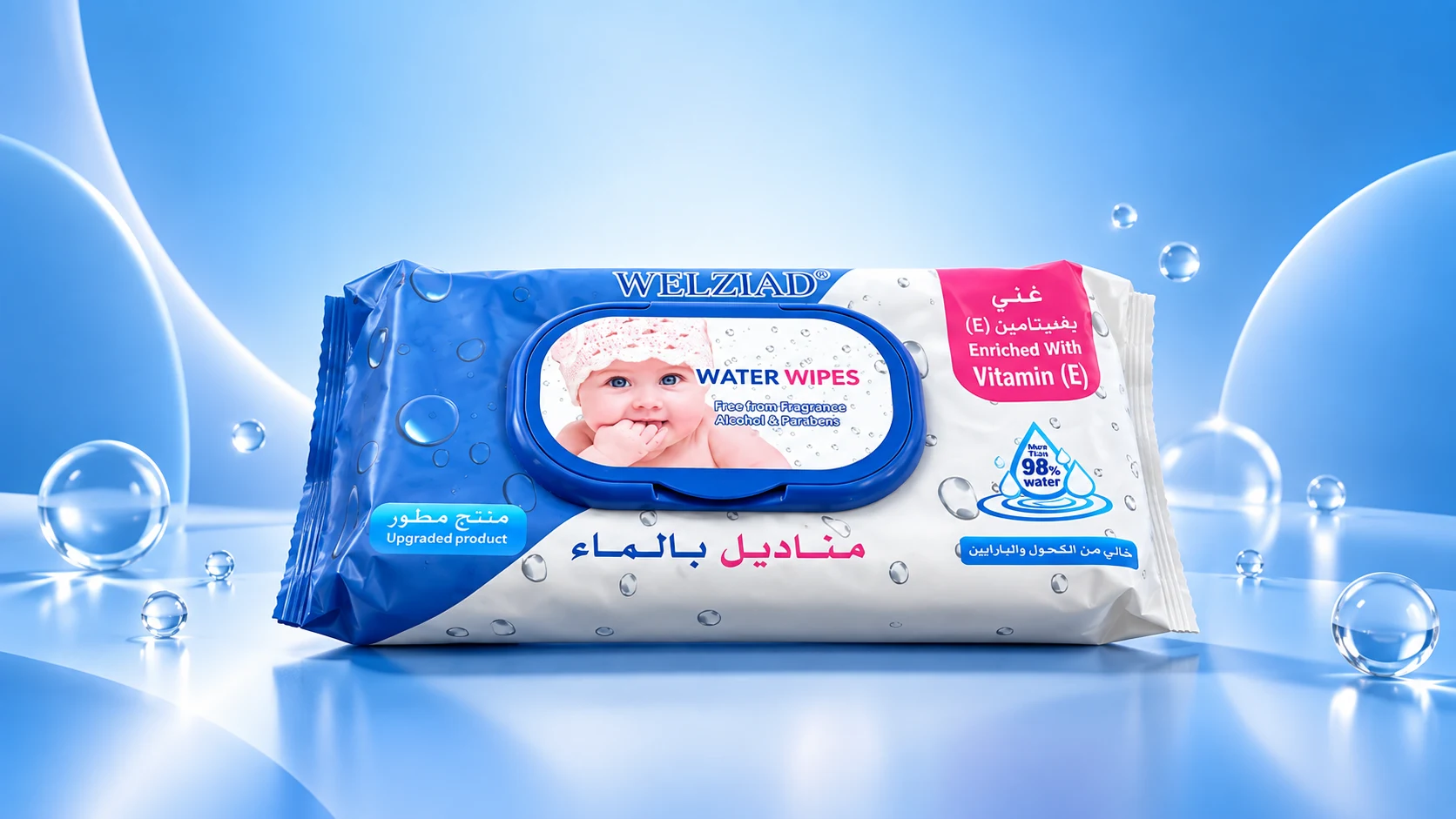 عبوة مناديل ويل زياد بالماء في استوديو أزرق